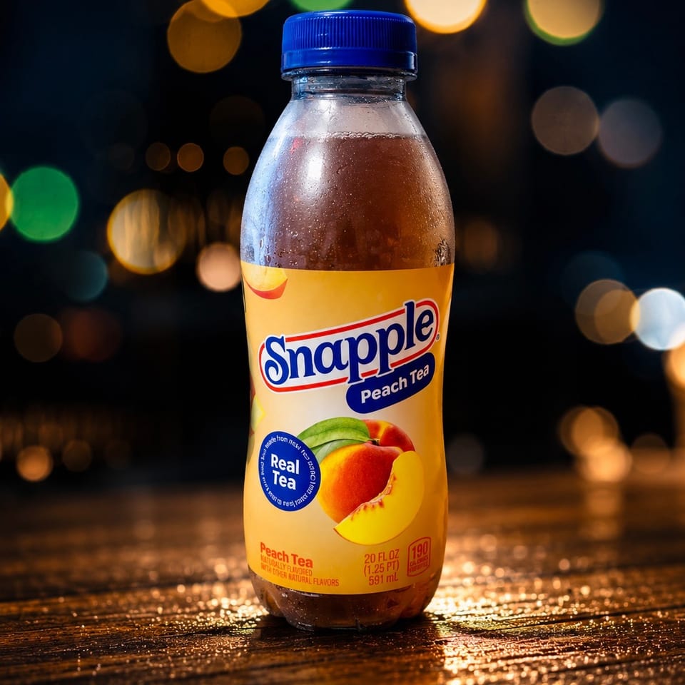 A Snapple Peach Tea bottle with a blue cap sits on a wooden surface with bokeh lights.