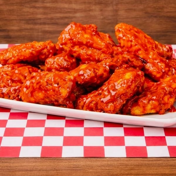A white platter overflowing with glistening, saucy buffalo wings on a red and white checkered tablecloth.