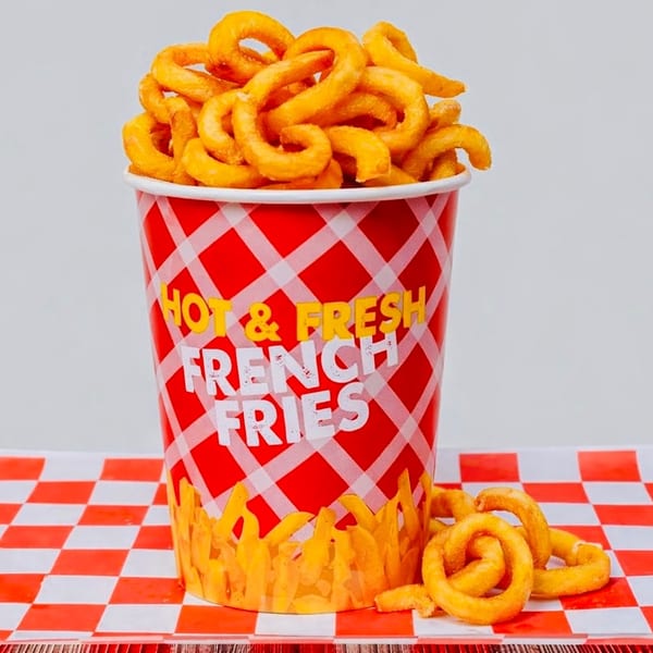 A red and white checkered cup overflowing with golden curly fries on a matching checkered paper.
