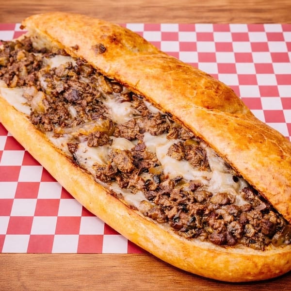 A large, cheesy steak and mushroom hoagie on a red and white checkered paper.