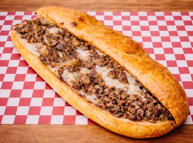 A large, cheesy steak and mushroom hoagie on a red and white checkered paper.