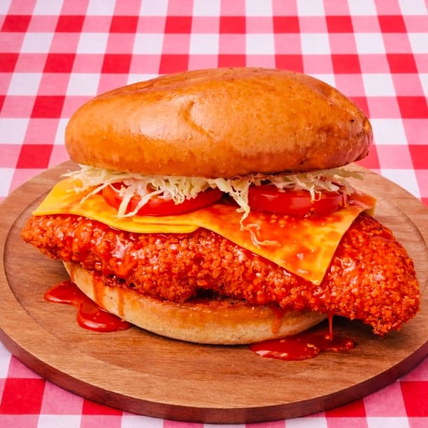 Spicy fried chicken sandwich with cheese, tomatoes, and shredded lettuce on a wooden board.