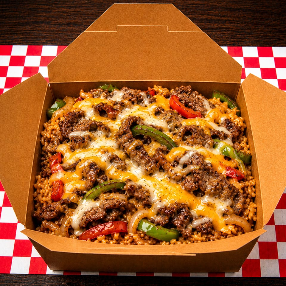 Cheesy ground beef and rice with peppers and onions in a brown takeout box on a red and white checkered tablecloth.
