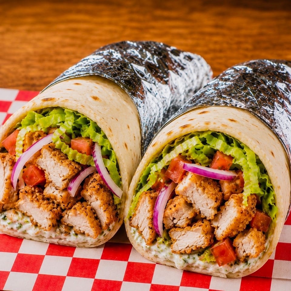 Two chicken wraps filled with crispy chicken, lettuce, tomatoes, and red onions on a checkered paper.