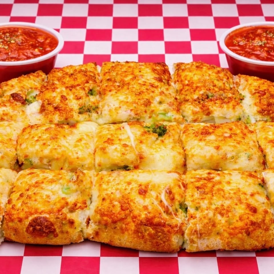 Cheesy breadsticks with broccoli pieces, cut into squares, served with two red cups of marinara sauce.
