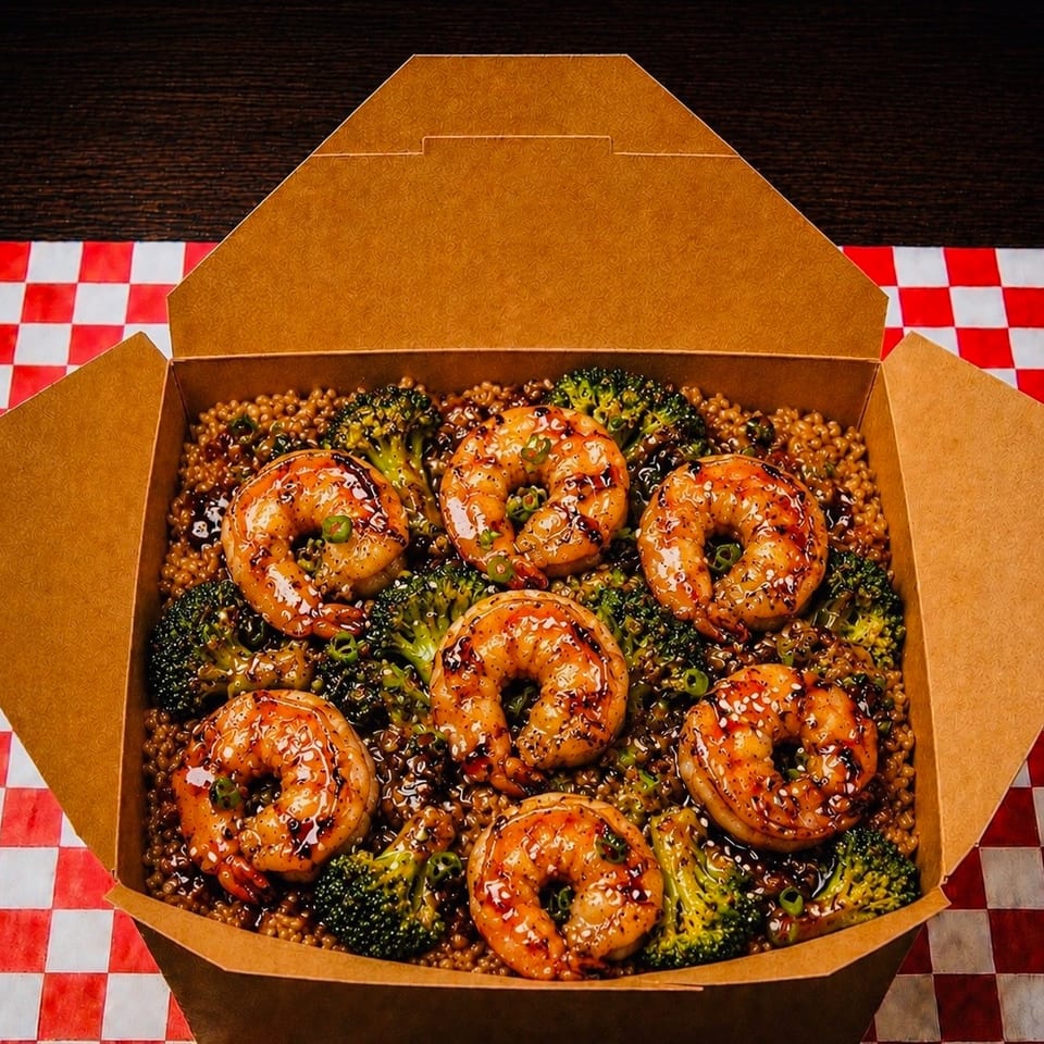 Takeout box filled with grilled shrimp, broccoli, and quinoa on a red and white checkered tablecloth.