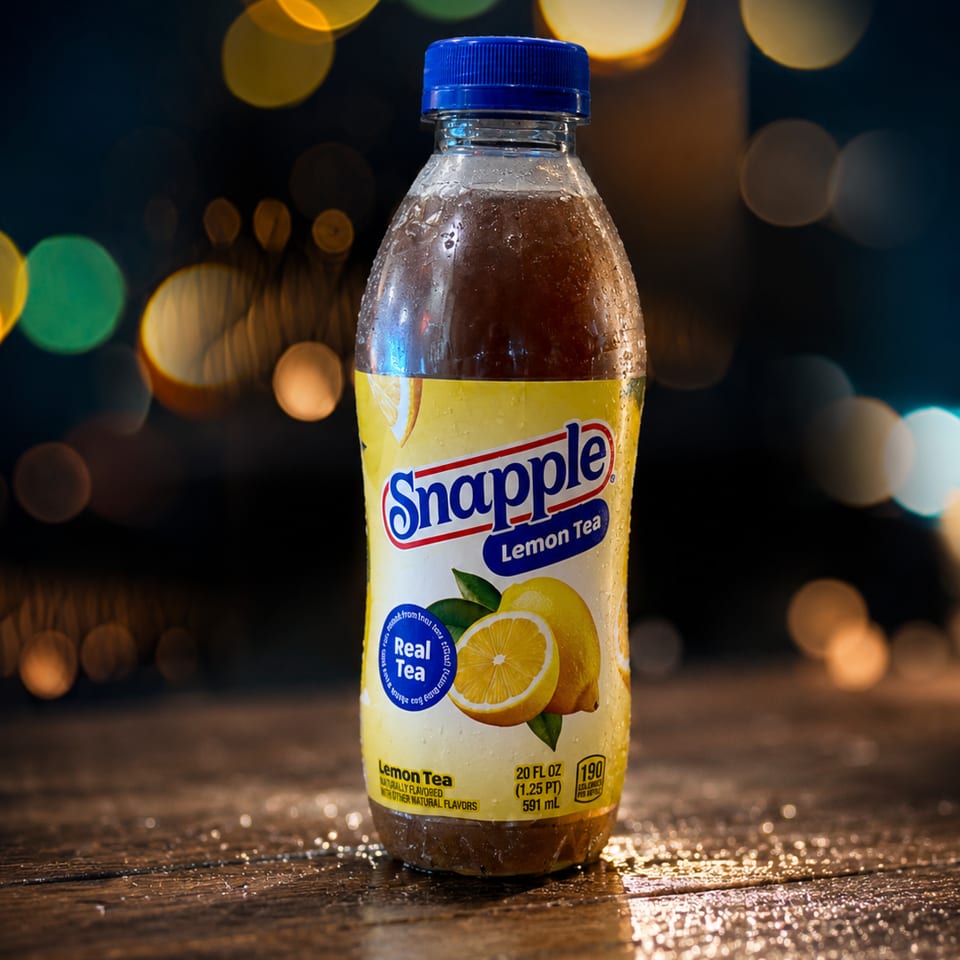 A cold Snapple Lemon Tea bottle with condensation sits on a wet wooden surface, with bokeh lights in the background.