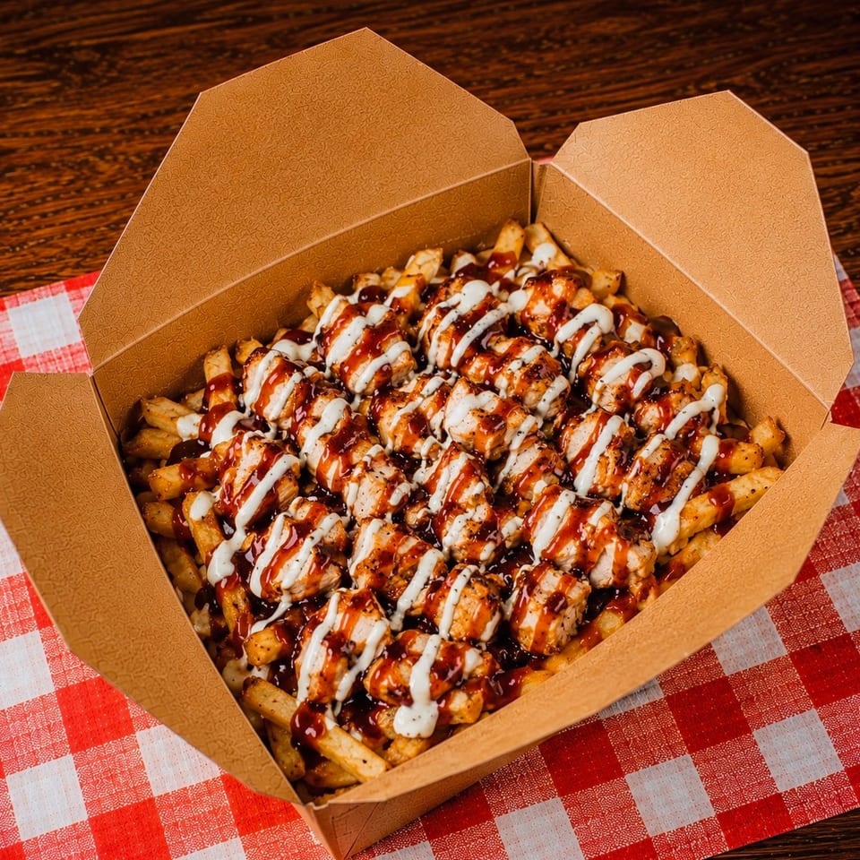 Loaded fries with grilled chicken, BBQ sauce, and white sauce in a cardboard box on a red and white checkered tablecloth.