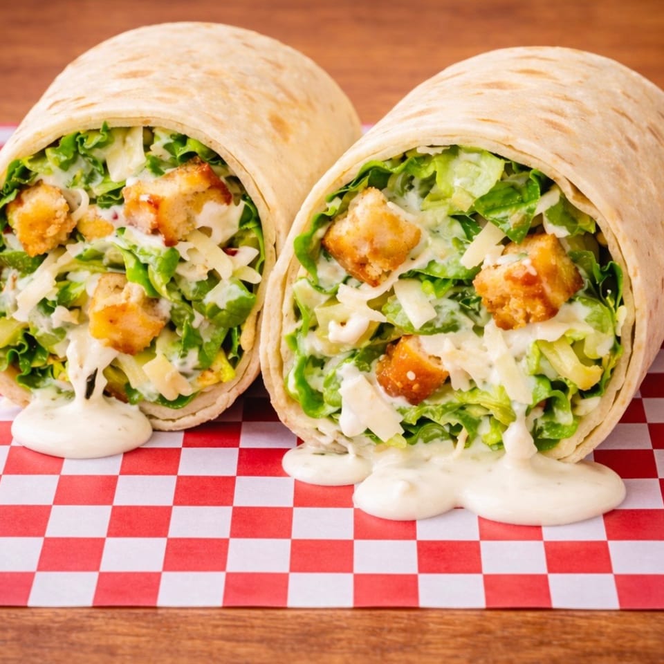 Two Caesar salad wraps, filled with lettuce, croutons, cheese, and dressing, on red and white checkered paper.