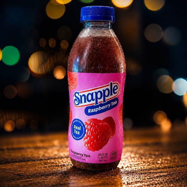 A cold Snapple Raspberry Tea bottle with condensation sits on a wet wooden surface, with bokeh lights in the background.