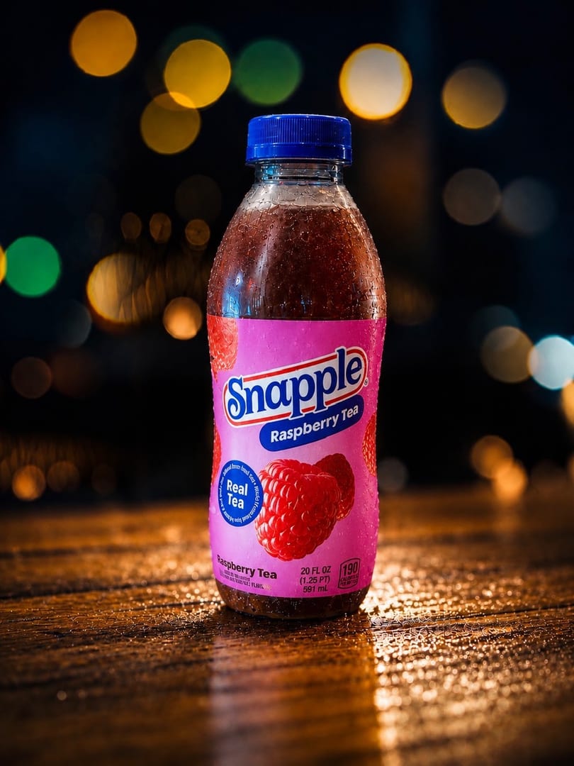 A cold Snapple Raspberry Tea bottle with condensation sits on a wet wooden surface, with bokeh lights in the background.
