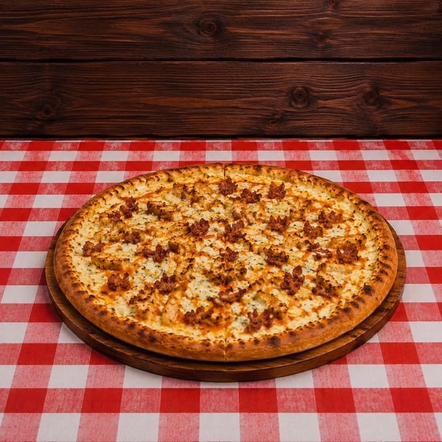 Small Buffalo Blue Bacon Pizza 10 (Greek style).